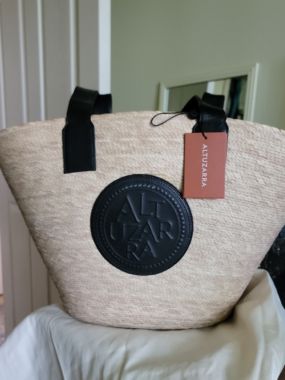 Altuzarra Large Watermill Natural Straw Tote with Black Leather Trim and Logo